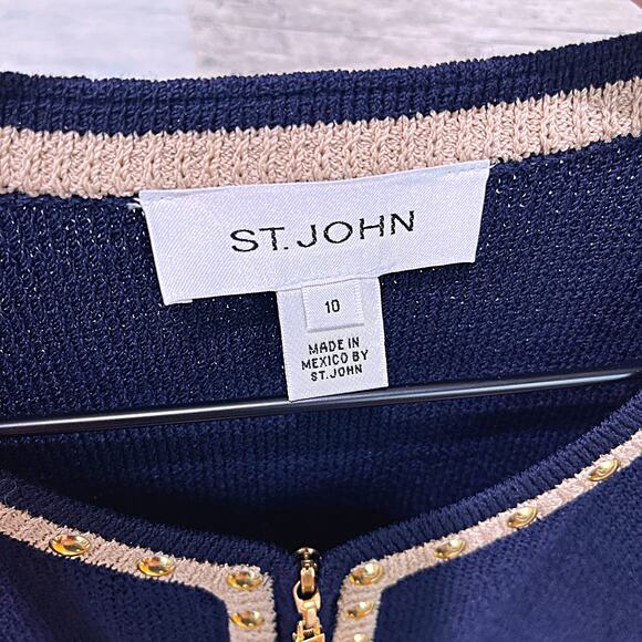 ST JOHN Tweed Lady Jacket Blue Gold Studded Trim Full Zip Wool Blend Womens 10 - Picture 8 of 9
